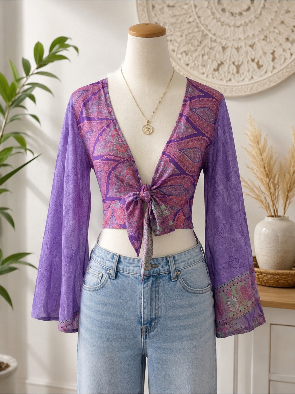 Tree of Life Purple Paisley Tie Front Crop Top | Boho Bell Sleeve Wrap Blouse M